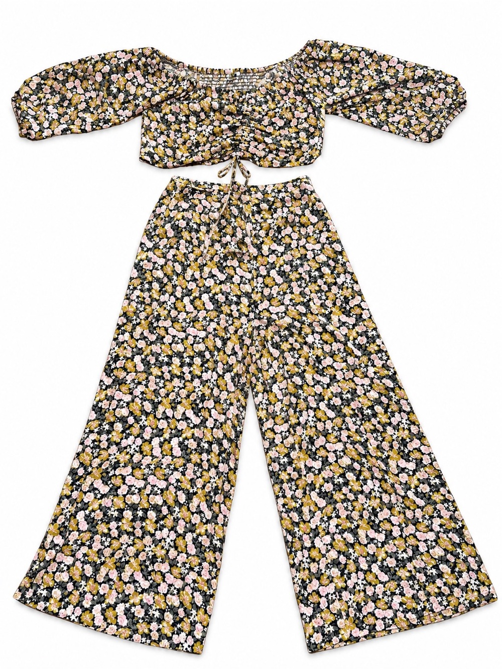 American Eagle Outfitters Black Floral Wide-Leg Pants & Crop Top Set